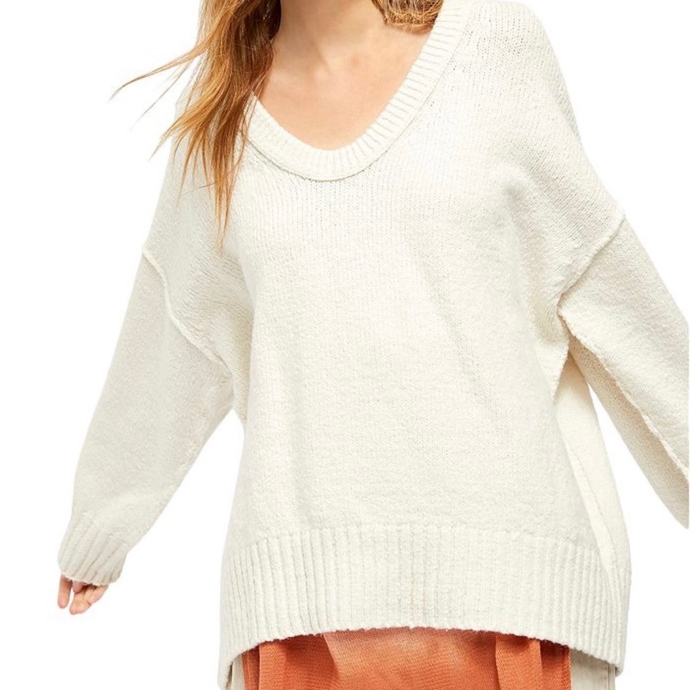 Free People Cream V-Neck Knit Sweater